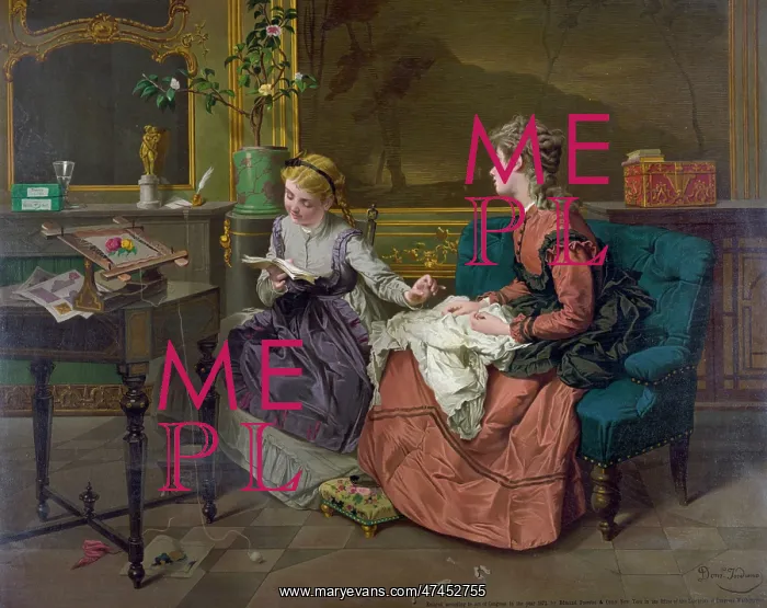 : Two girls, one reading, one sewing : Two girls, one reading, one sewing