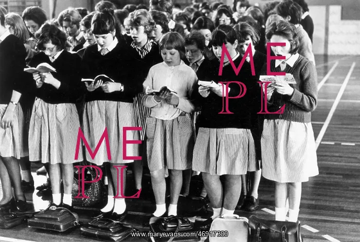 : Girls singing in school assembly, 1964 : Girls singing in school assembly, 1964