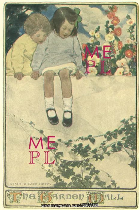 : Two Girls Sitting on Garden Wall : Two Girls Sitting on Garden Wall