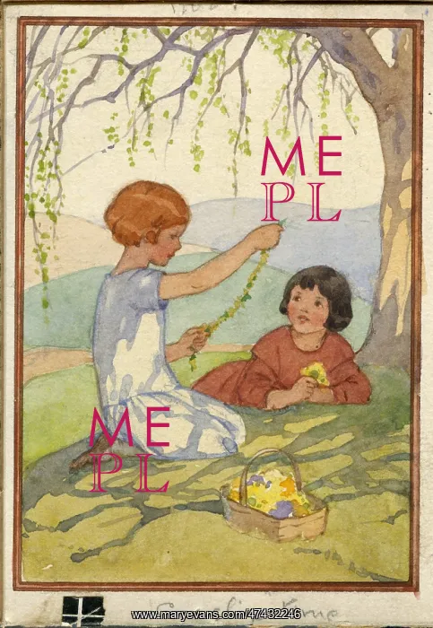 : Two girls sitting under tree making cowslip chain : Two girls sitting under tree making cowslip chain