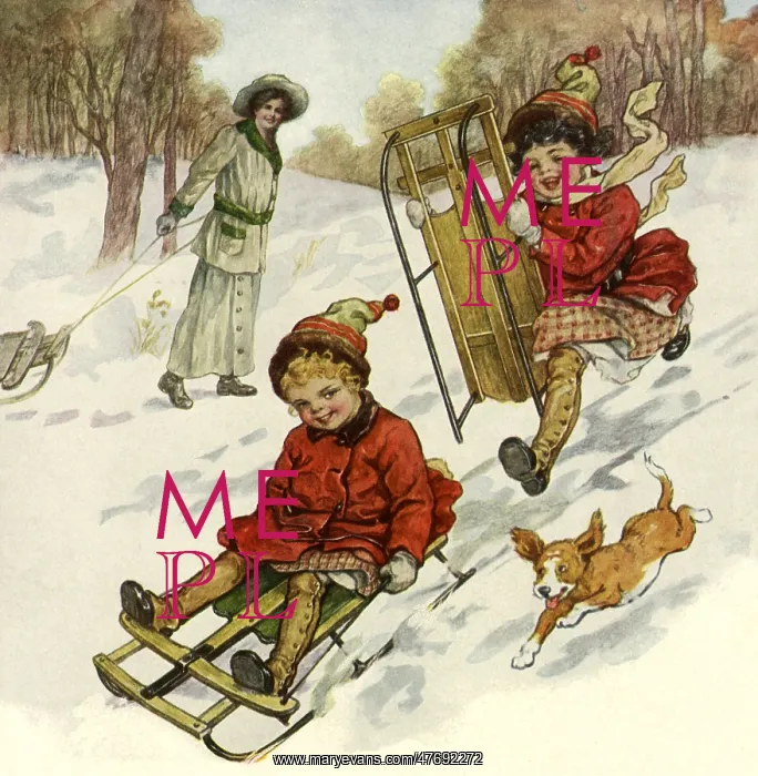 : Girls Sledding with Dog : Girls Sledding with Dog
