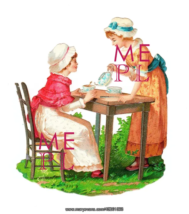 : Two girls taking tea on a Victorian scrap : Two girls taking tea on a Victorian scrap