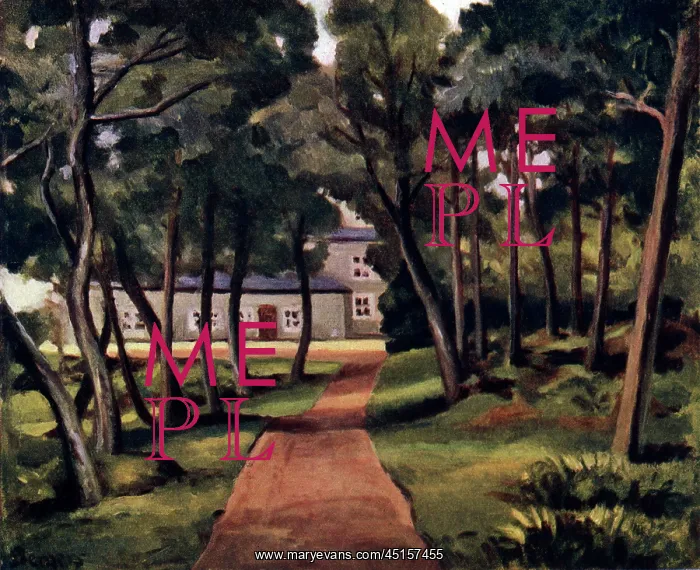 : A Glade. Oil painting of a glade containing a near path leading to a large house : A Glade. Oil painting of a glade containing a near path leading to a large house