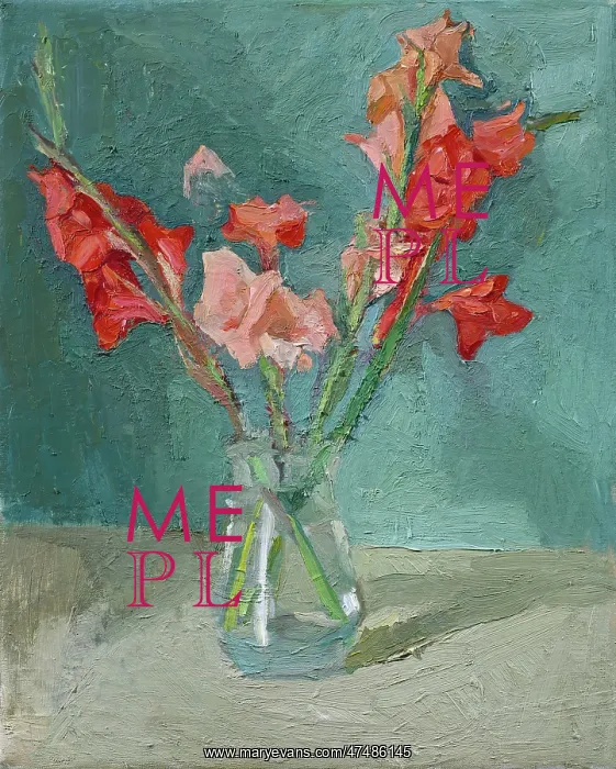 : Gladioli in a glass vase ' green background : Gladioli in a glass vase ' green background