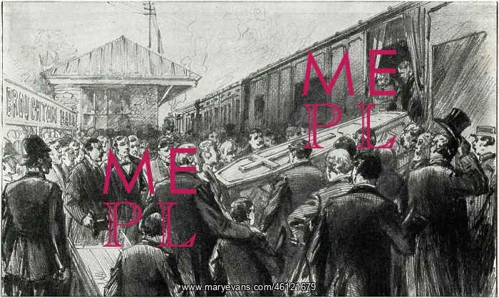 : Gladstone's coffin being place in train at Broughton Hall : Gladstone's coffin being place in train at Broughton Hall