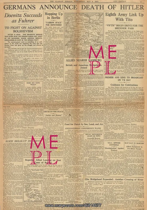 : The Glasgow Herald front page death of Adolf Hitler : The Glasgow Herald front page death of Adolf Hitler