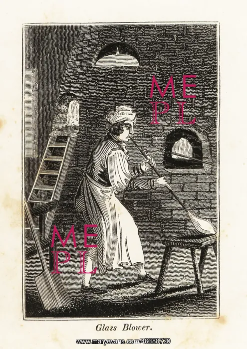 : Glass-blower in apron blowing a glass bottle in : Glass-blower in apron blowing a glass bottle in