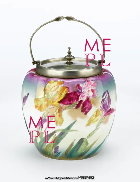 : Vase. Glazed earthenware vase painted with irises with an electroplated : Vase. Glazed earthenware vase painted with irises with an electroplated