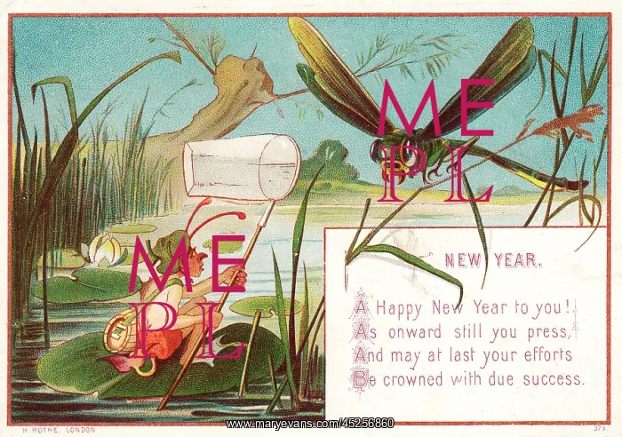 : Goblin and dragonfly on a New Year card : Goblin and dragonfly on a New Year card