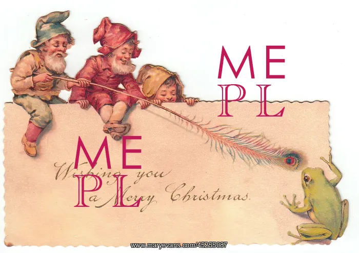 : Three goblins and a frog on a cutout Christmas card : Three goblins and a frog on a cutout Christmas card
