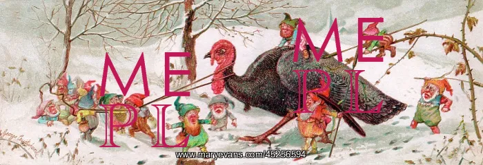 : Goblins with a turkey on a Christmas card : Goblins with a turkey on a Christmas card