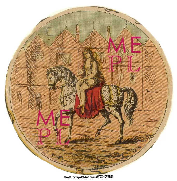  : Godiva. A small, circular print depicting Lady Godiva's ride through Coventry