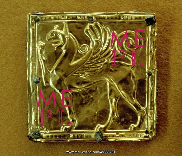 : Gold plate depicting a winged griffin. 6th century B.C. Delp : Gold plate depicting a winged griffin. 6th century B.C. Delp