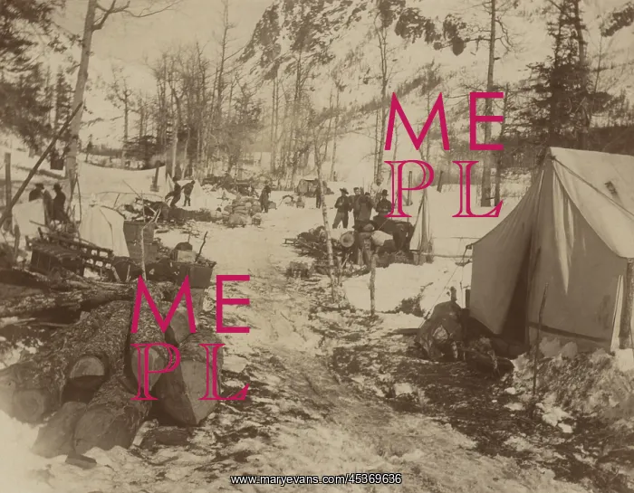 : Gold seekers encampment with tents along a : Gold seekers encampment with tents along a