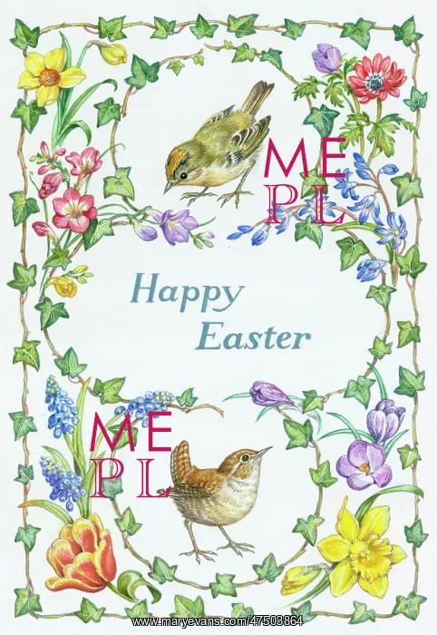 : Goldcrest and wren with ivy and spring flowers : Goldcrest and wren with ivy and spring flowers