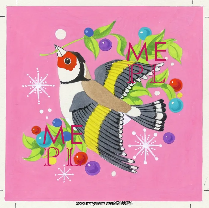  : Goldfinch on pink background - with leaves and baubles etc