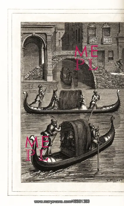 : Gondolas on the canals of Venice, 16th century : Gondolas on the canals of Venice, 16th century