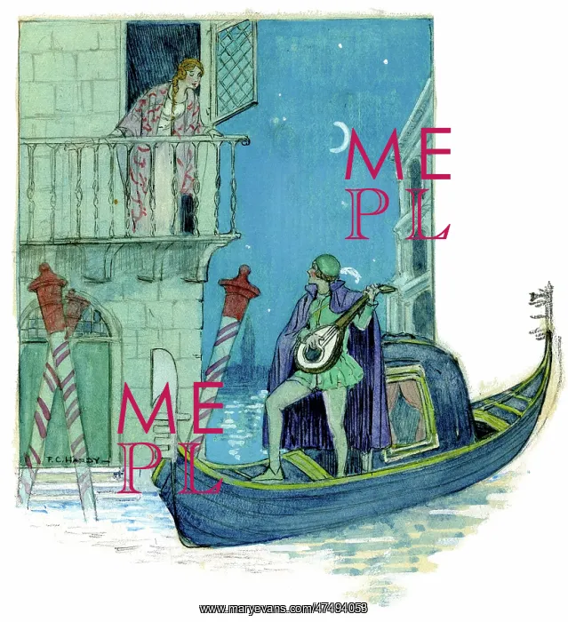 : Gondolier serenading a young lady on a balcony : Gondolier serenading a young lady on a balcony