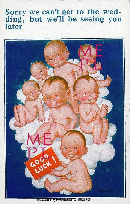 : Good luck wedding postcard, seven babies on a cloud : Good luck wedding postcard, seven babies on a cloud