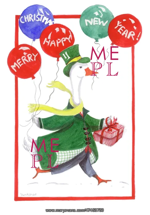 : Goose holding a present and five balloons : Goose holding a present and five balloons