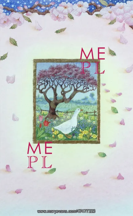 : Goose in spring meadow with tree in blossom : Goose in spring meadow with tree in blossom
