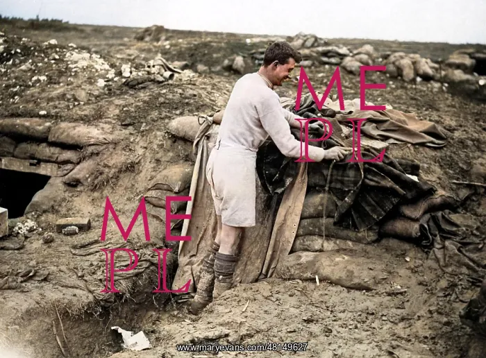 : Gordon Highlander cleaning his kit, Western Front, WW1 : Gordon Highlander cleaning his kit, Western Front, WW1