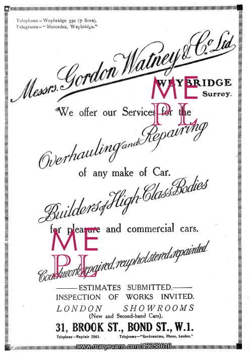 : Gordon Watney, Weybridge. Engine Builders. Coach Builders : Gordon Watney, Weybridge. Engine Builders. Coach Builders