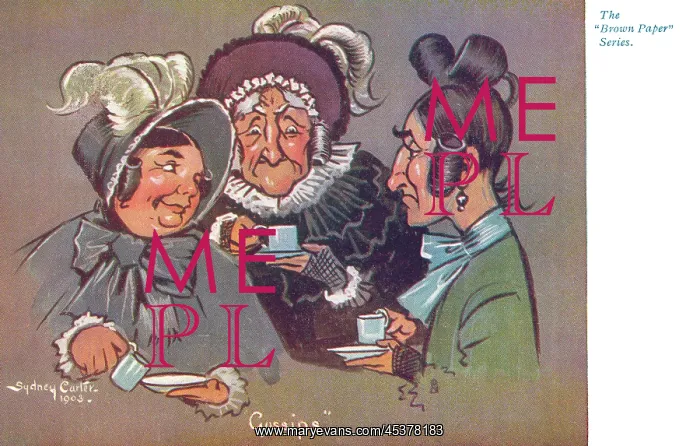 : Gossips. Three elderly women chattering together over a cup of tea - setting : Gossips. Three elderly women chattering together over a cup of tea - setting