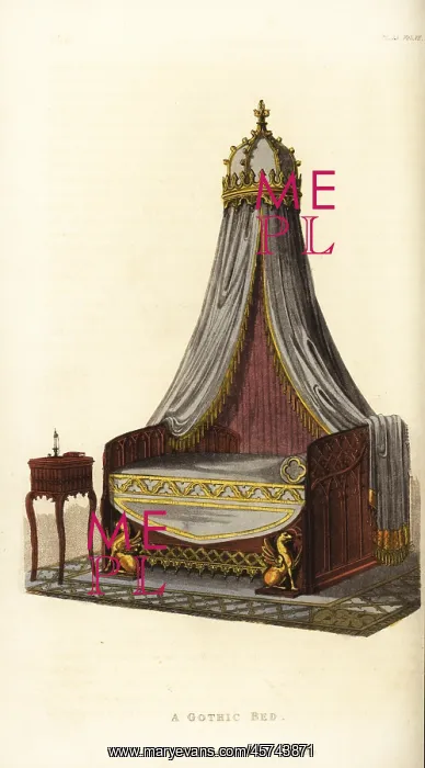 : A Gothic bed in the florid style with bedside table : A Gothic bed in the florid style with bedside table