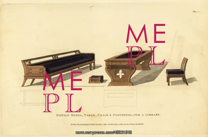 : Gothic sofa, table, chair and footstool for a library, 1810 : Gothic sofa, table, chair and footstool for a library, 1810