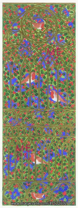 : Gothic Tracery with Robins and Holly : Gothic Tracery with Robins and Holly