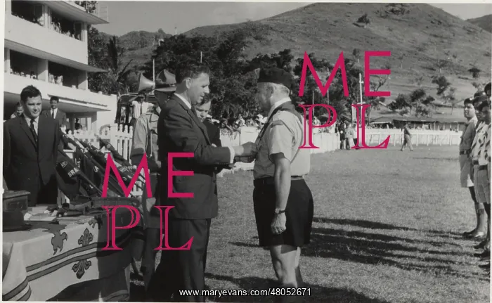 : Governor and scouting leader at a rally, Mauritius : Governor and scouting leader at a rally, Mauritius
