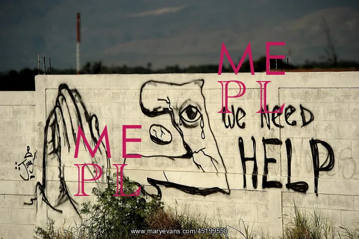 : Graffiti asking for help is painted on a ? : Graffiti asking for help is painted on a ?