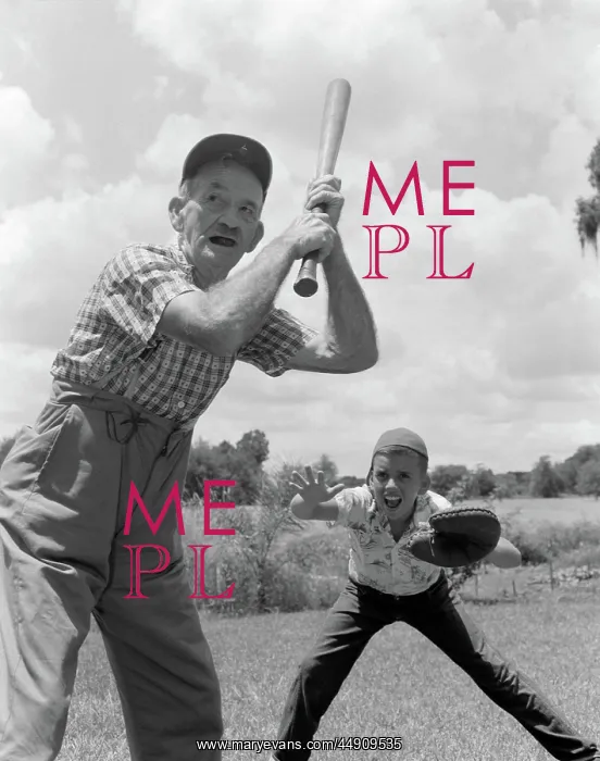 : Grandfather at bat with boy as catcher playing : Grandfather at bat with boy as catcher playing