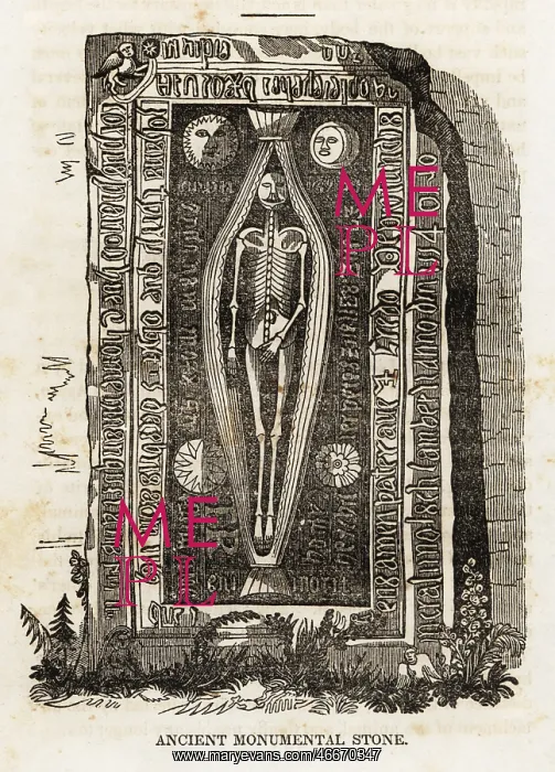: Gravestone with skeleton inside a tied shroud, 12th century : Gravestone with skeleton inside a tied shroud, 12th century
