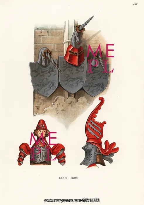 : Great helms and shields with heraldic crests, 14th century : Great helms and shields with heraldic crests, 14th century