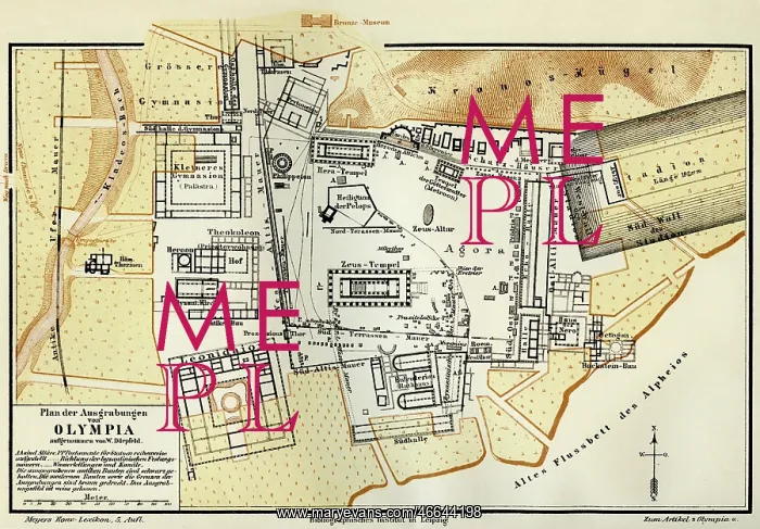 : Greece, Olympia, map of excavations, colour lithograph : Greece, Olympia, map of excavations, colour lithograph