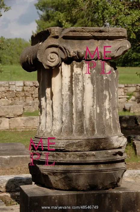  : Greek Art. Ionic column. Volutes. Olympia. Greece