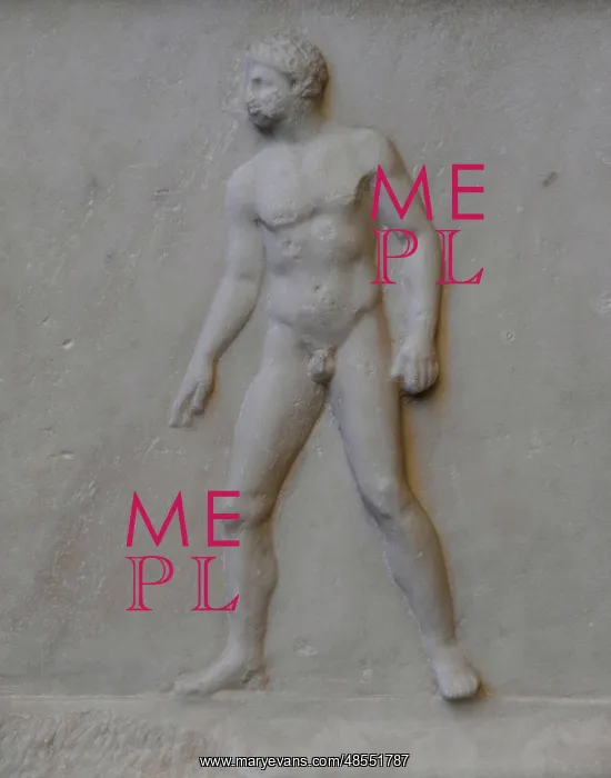  : Greek art. Relief from a statue base with spear thrower afte