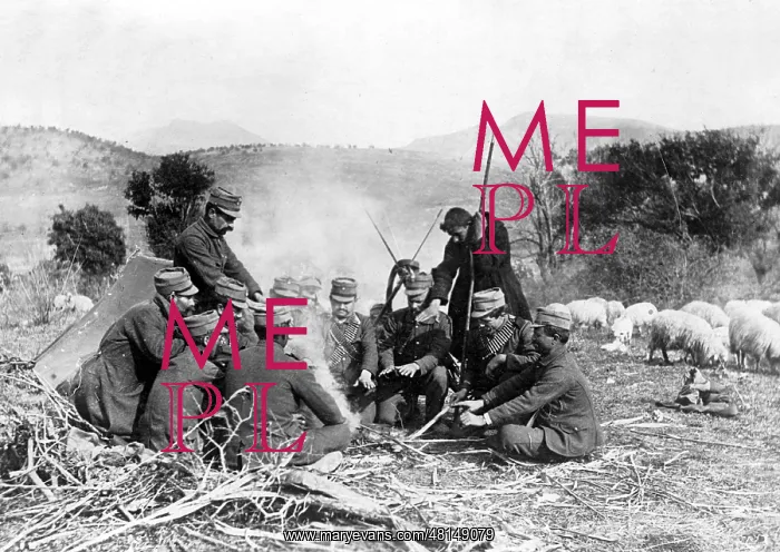 : Greek infantry at a campfire, 1913 : Greek infantry at a campfire, 1913