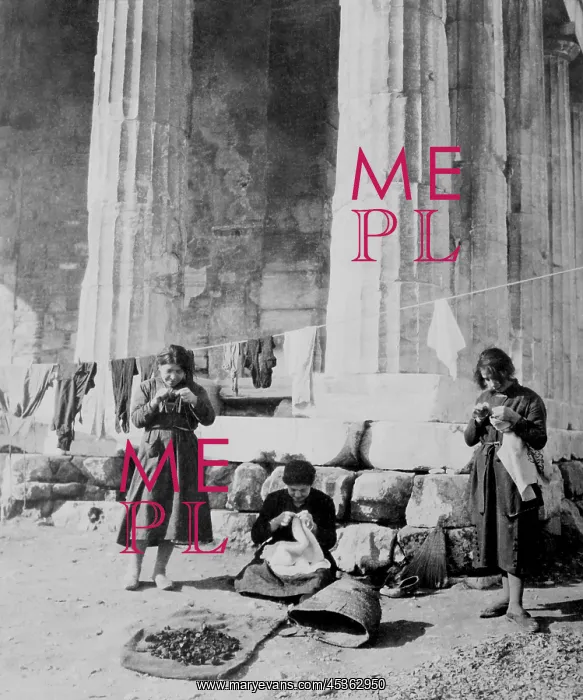 : Greek refugee women doing needlework in front of : Greek refugee women doing needlework in front of