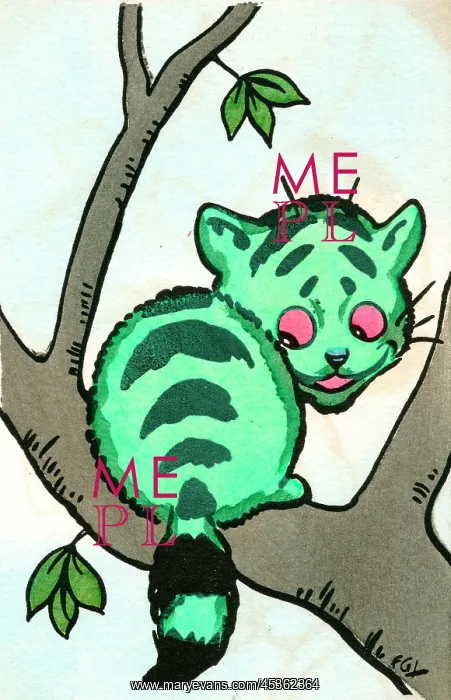  : Green cat in a tree on a postcard