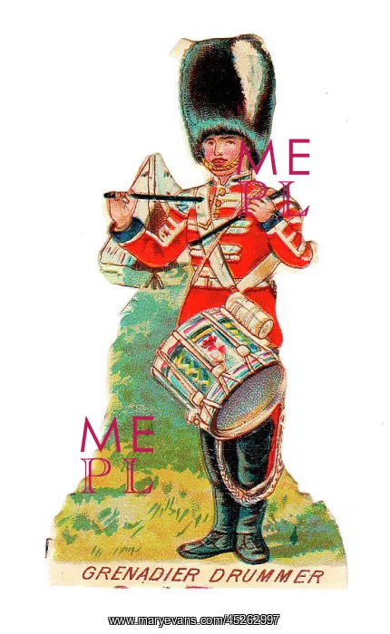 : Grenadier guardsman drumming on a Victorian scrap : Grenadier guardsman drumming on a Victorian scrap
