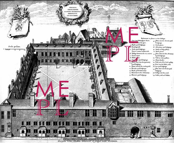: Gresham College London, 1739 engraving by George : Gresham College London, 1739 engraving by George