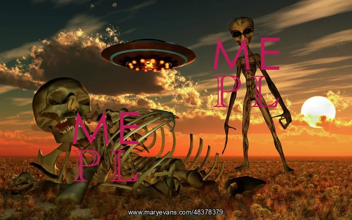 : A Grey Alien looking at humanoid remains as a UFO flys ? : A Grey Alien looking at humanoid remains as a UFO flys ?