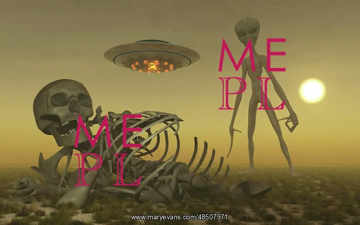 : A Grey Alien looking at humanoid remains as a UFO flys ? : A Grey Alien looking at humanoid remains as a UFO flys ?