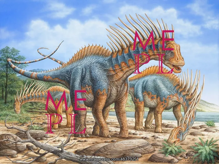: A group of Amargasaurus dinosaurs grazing on the shoreline : A group of Amargasaurus dinosaurs grazing on the shoreline