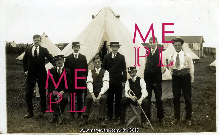 : Group of Campers in Straw Hats, Unknown location : Group of Campers in Straw Hats, Unknown location