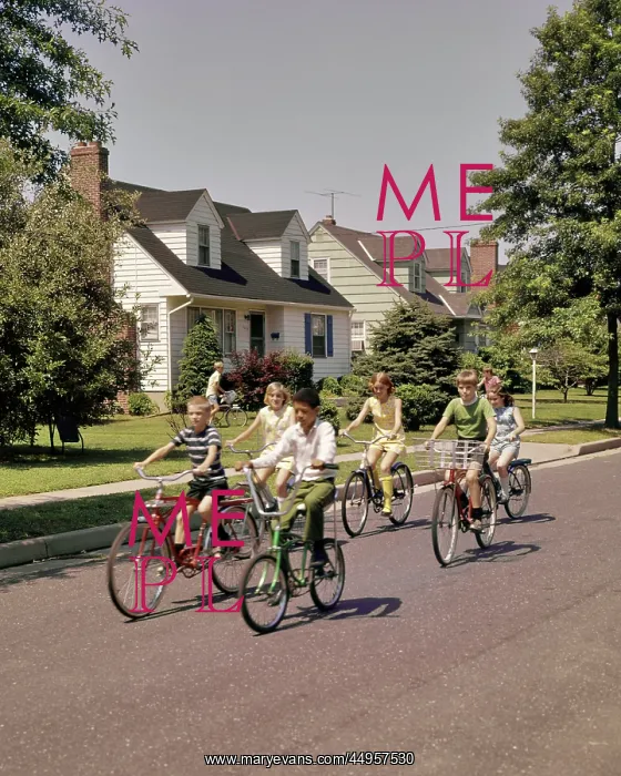 : Group Children Riding Bikes Down Suburban : Group Children Riding Bikes Down Suburban