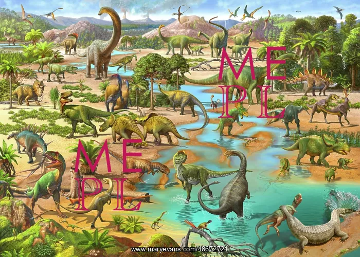 : A group of dinosaurs gather around a watering hole : A group of dinosaurs gather around a watering hole
